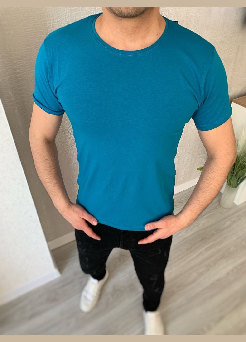 Синя базова чоловіча футболка з коротким рукавом No Brand