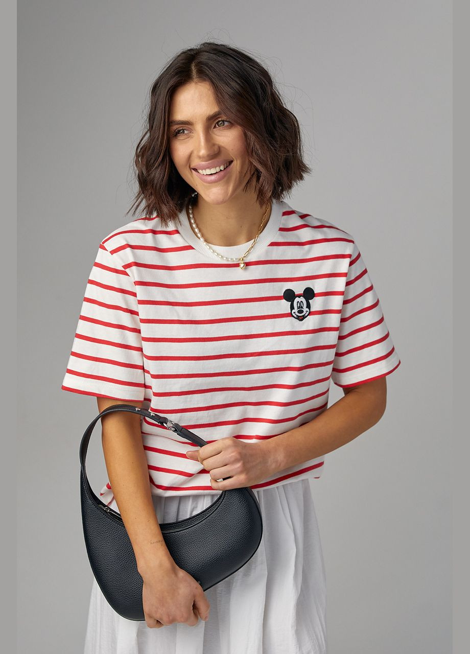 Красная летняя женская футболка в полоску с вышитым микки маусом 2456 с коротким рукавом Lurex