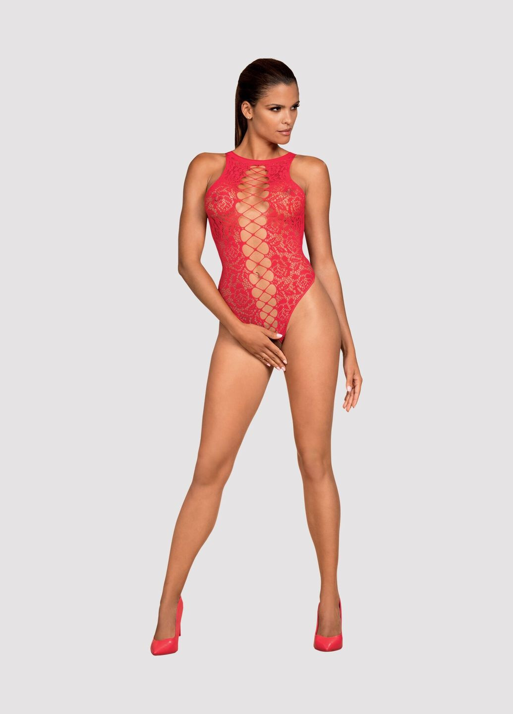 Ажурный бодистокинг с эффектом шнуровки B120 teddy красный - CherryLove Obsessive красный нейлон, эластан