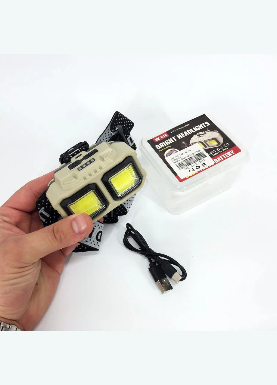 Фонарь налобный аккумуляторный Bailong HX-816 2COB(white+red) влагозащита, Фонарь на голову для бега No Brand (376042371)