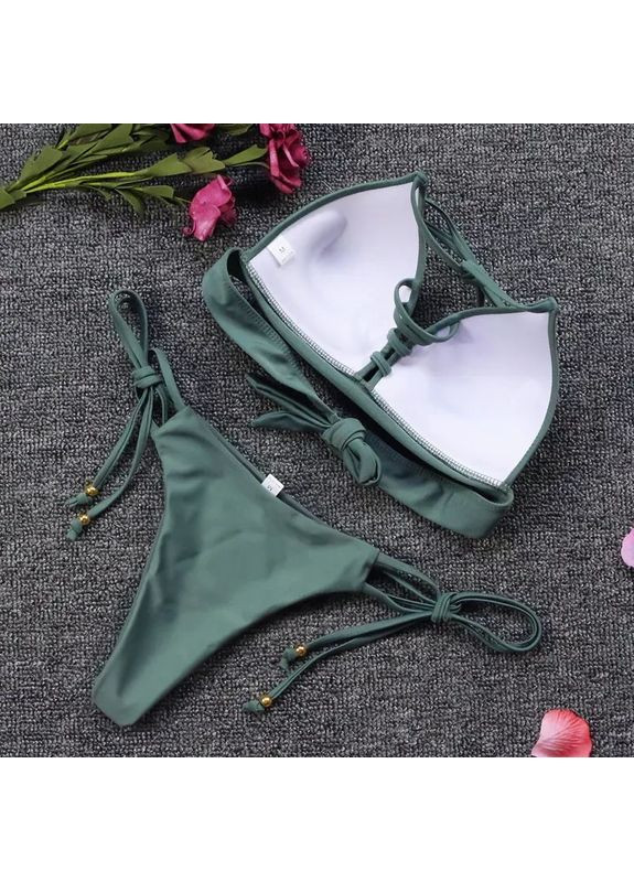 Оливковий (хакі) літній роздільний купальник із еластану з пушапом. роздільний купальник ззаду верх на зав'язках. China