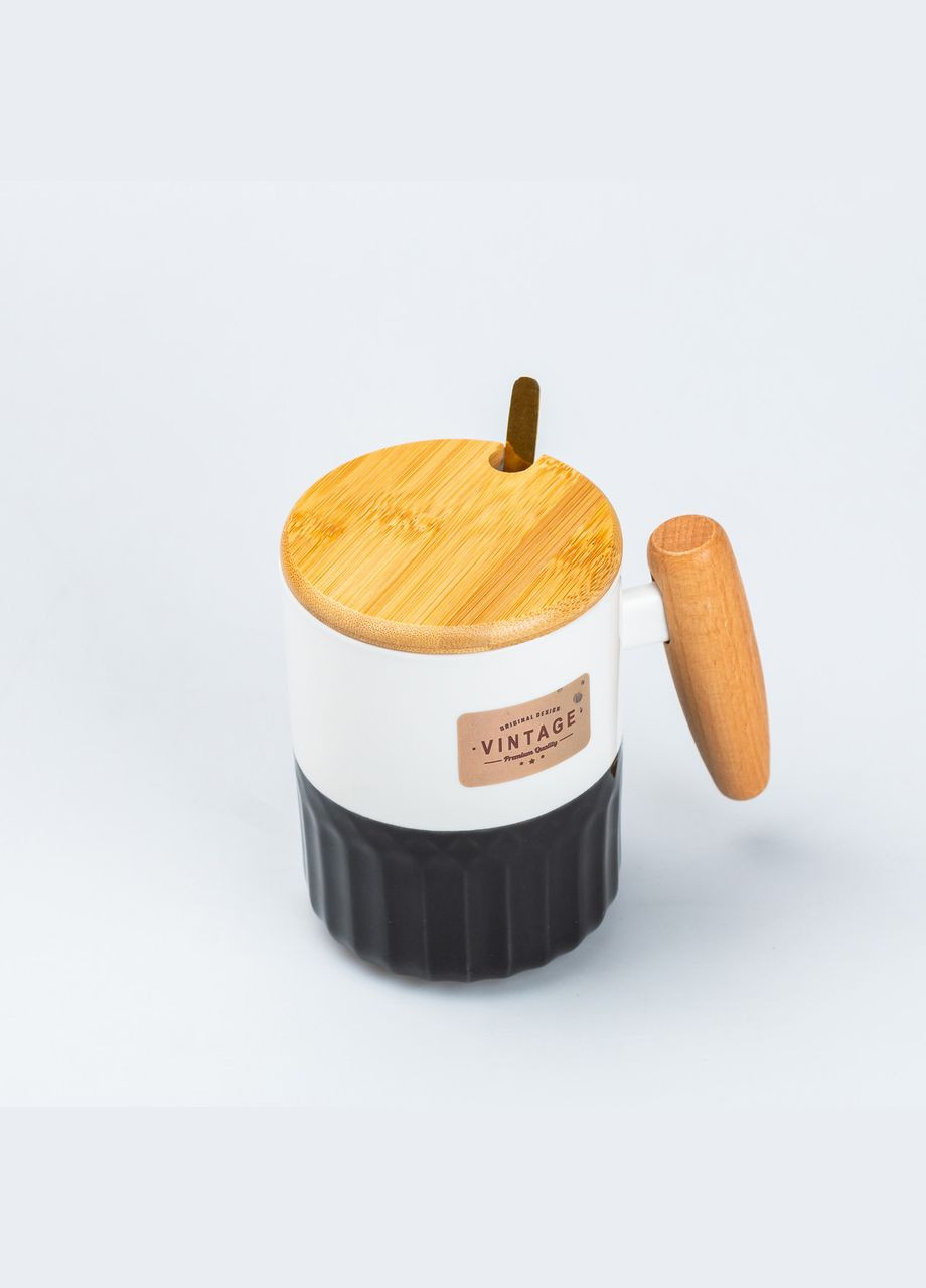 Чашка керамическая с бамбуковой крышкой и ручкой 400 мл Черная TS Kitchen (326066704)