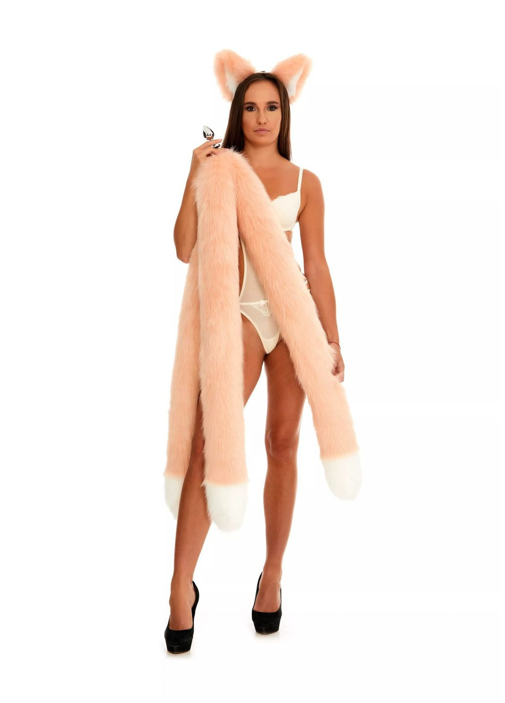 Анальний потрійний хутряний хвіст без пробки, Персиковий з білим кінчиком, 100 см. OKOVA (315148821)