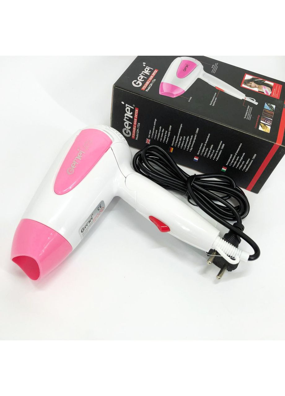 Фен для волосся складаний дорожній GM-1756 1200 Вт, Домашній фен для укладання. Колір: рожевий Gemei (366238643)