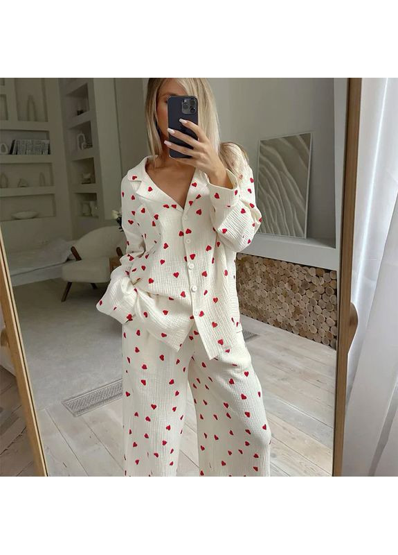 Бежевая женская муслиновая пижама 2syck1853b1 кремовая с сердечками рубашка с длинным рукавом и штанами 4шт Lesko