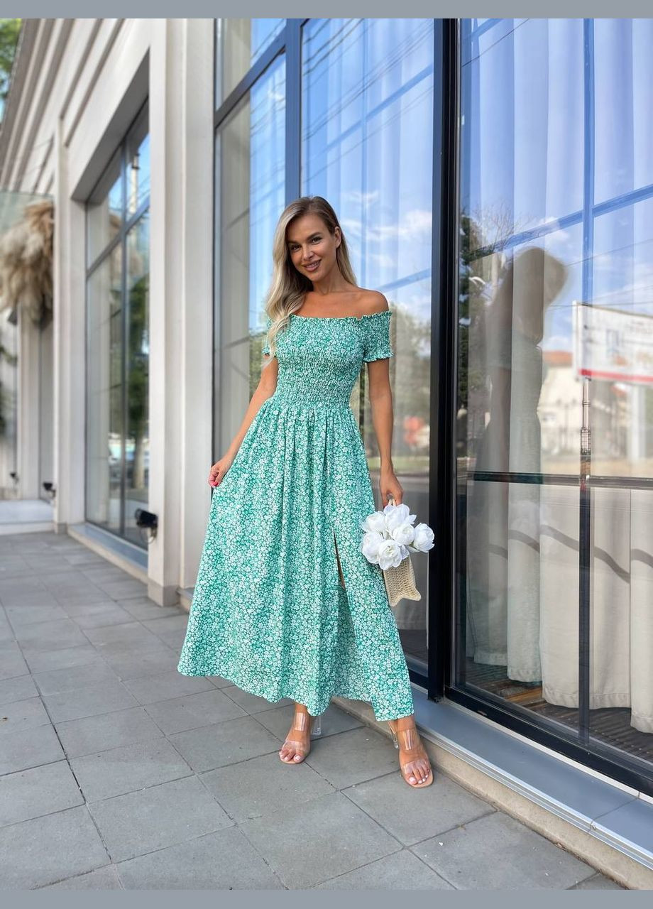 Бирюзовое праздничный, повседневный, кэжуал женское платье с разрезом с открытыми плечами Україна