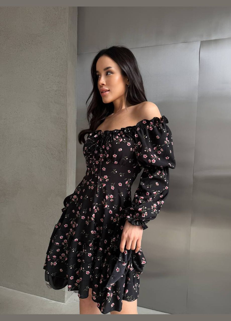 Черное легкое платье мини с рукавом черного цвета 32953 а-силуэт Fashion с цветочным принтом