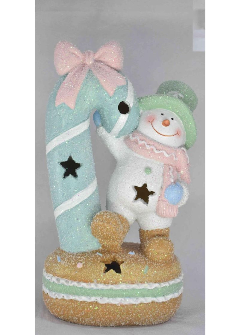 Новорічна декоративна фігурка з підсвіткою 12×8,5×21 см Новорічний декор Сніговик з тростинкою з порцеляни CR-6-10 Yiwu (371481945)