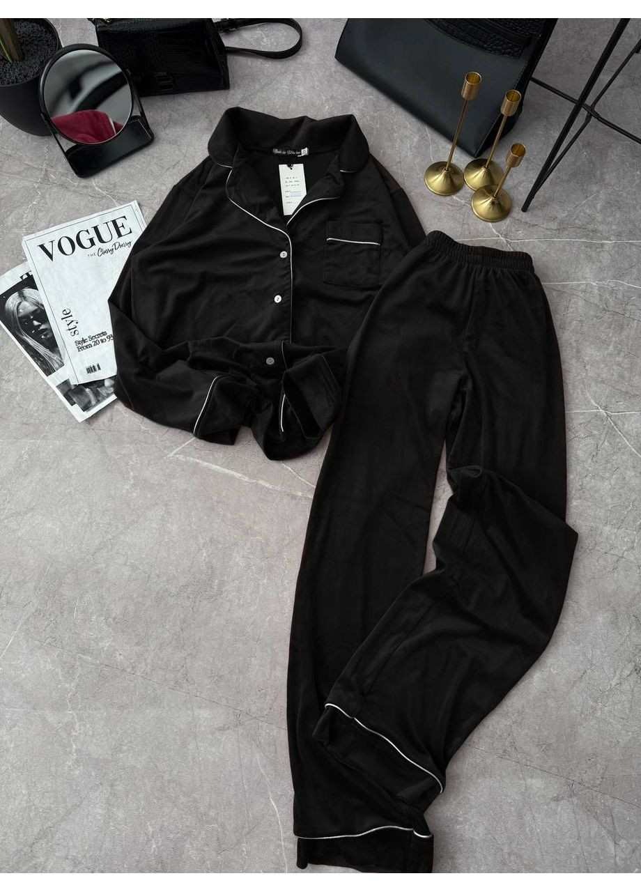 Черная всесезон женская пижама из велюра рубашка + брюки Adelante