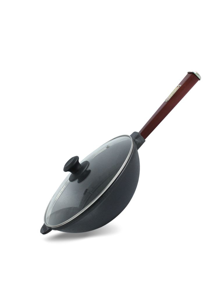 Чугунная сковорода с деревянной ручкой Бордо и стеклянной крышкой WOK 2,8 л. Brizoll (363830412)