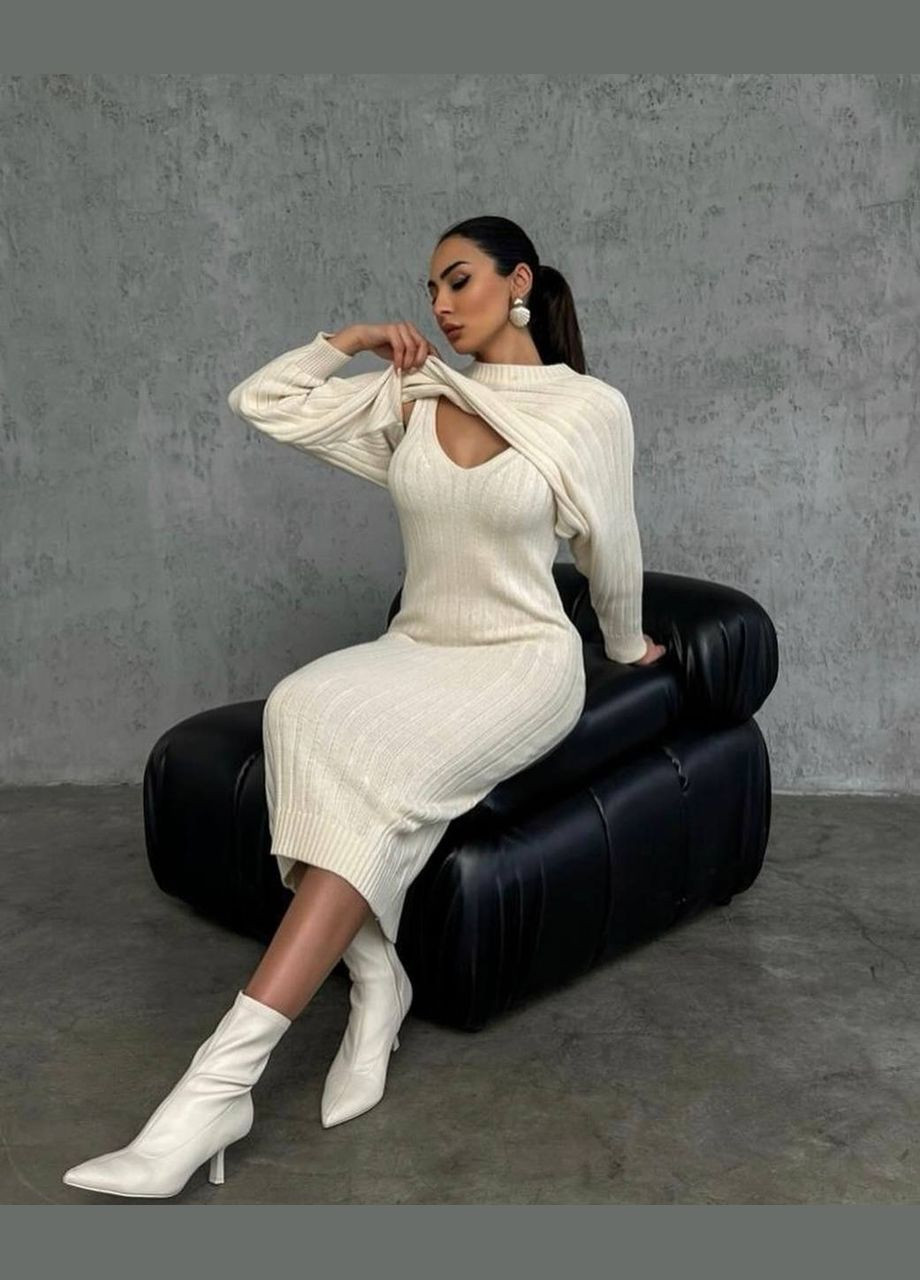 Бежевый демисезонный элегантный бежевый универсальный комплект (платье-миди+свитер) из турецкой ткани, демисезонное платье+свитер No Brand 1593