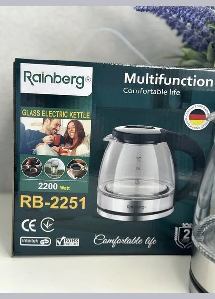 Электрочайник RB-2251 стеклянный дисковый чайник с LED подсветкой 1л 2200Вт Черный Rainberg (342392378)