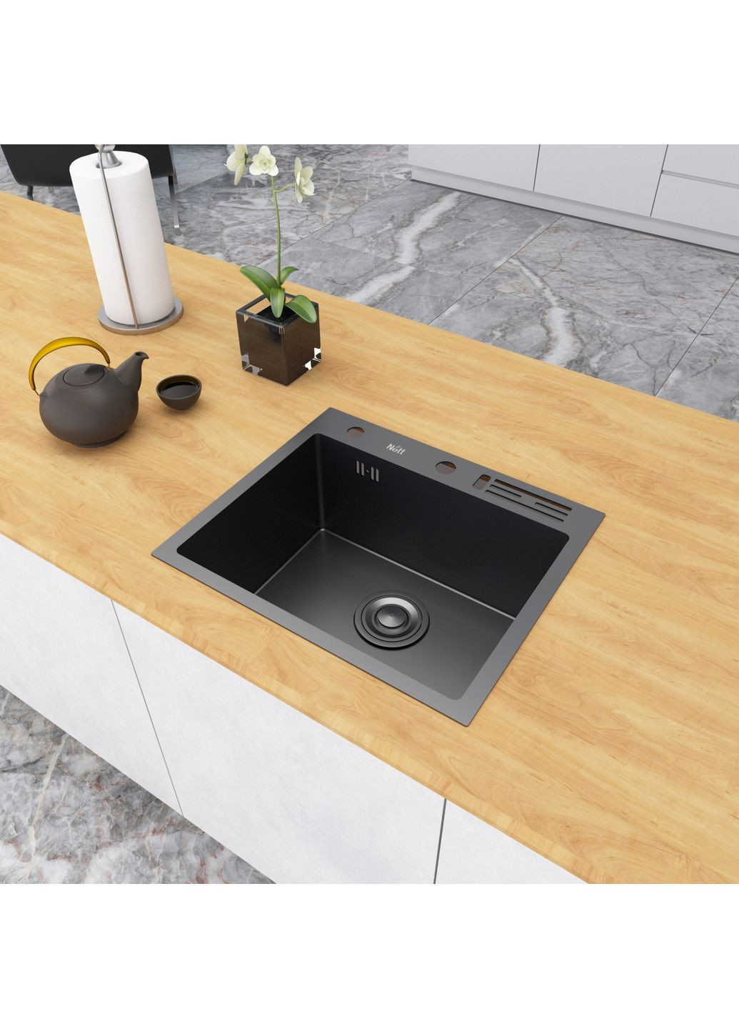 Черная кухонная мойка 45 см накладная из нержавейки Nett NВ-5245 (352730014)
