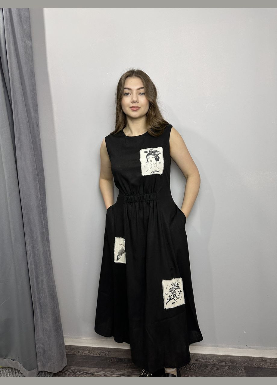 Черное женское летнее платье из льна чёрное mkkc6021-2 Modna KAZKA