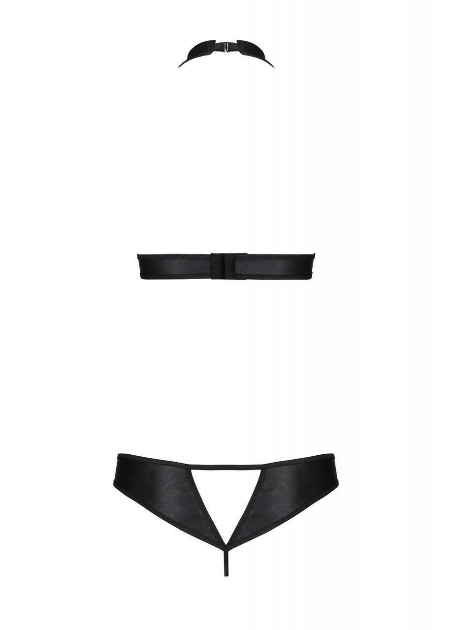 Чорний демісезонний комплект: відкритий топ і трусики з екошкіри з люверсами malwia set 6xl/7xl — Passion