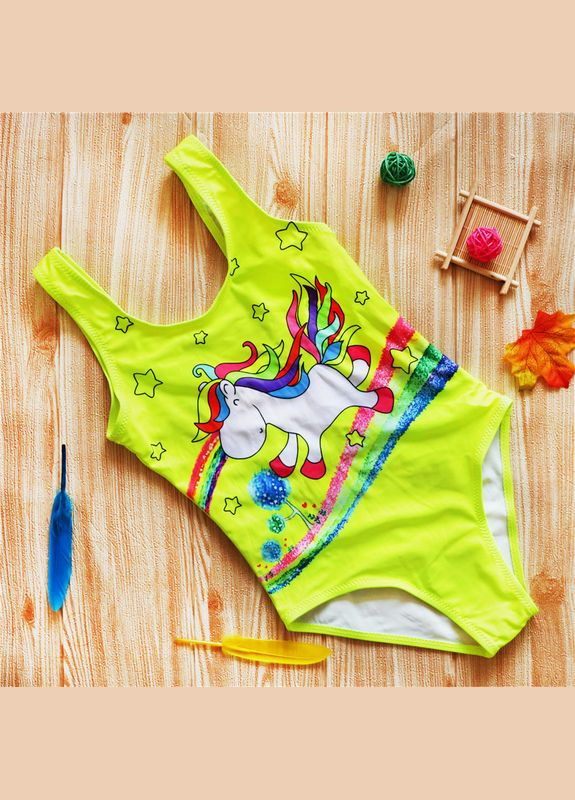Желтый летний купальник детский сплошной unicorn (130см) (12139) Qoopixie