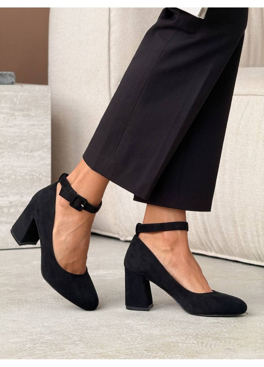 No Brand Женские чёрные туфли с ремешком на удобном каблуке черный з искусственная замша, — всесезон (356837540)