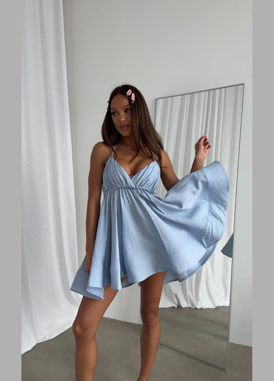 Блакитна повсякденний, святковий, вечірня літня сукня з жатого льону зі шнурівкою No Brand