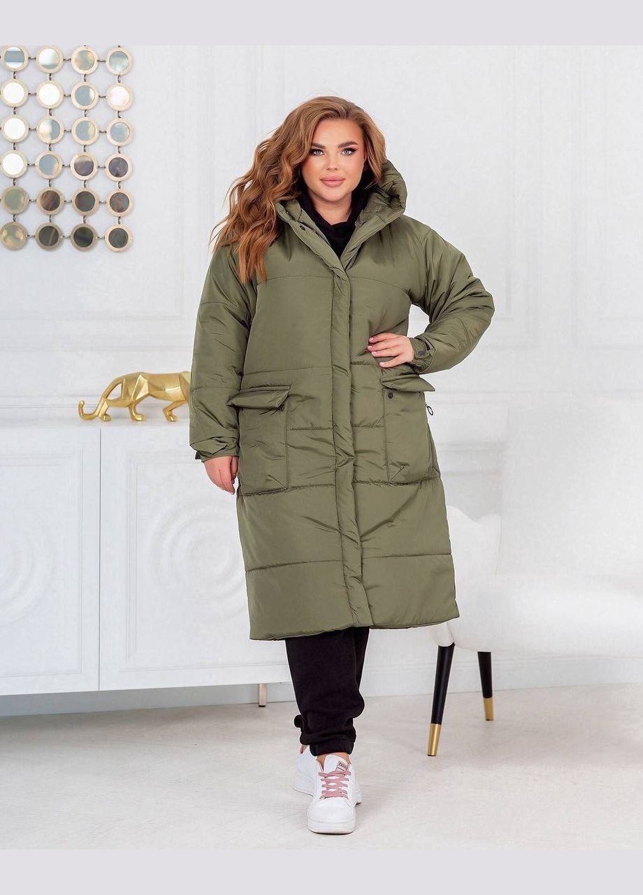 Оливковая (хаки) женская теплая куртка-пальто с капюшоном цвет хаки р.42/44 448985 New Trend