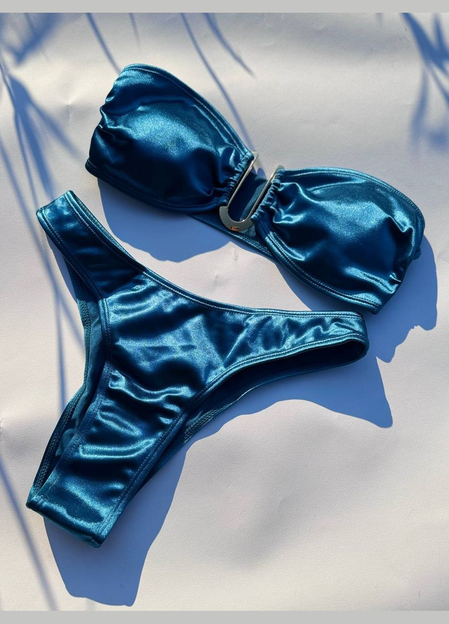 Синій жіночий роздільний купальник бандо з металевим декором атласний golden touch коричневий No Brand