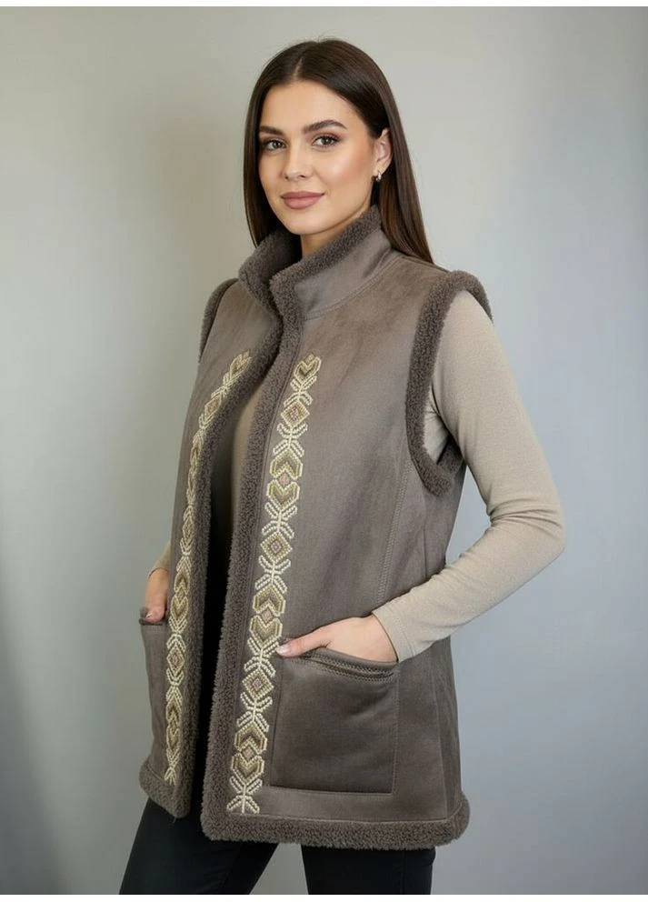 Жіночий кожух етно з екодубляжу з вишивкою MKSMV141-515 Seam (368717765)