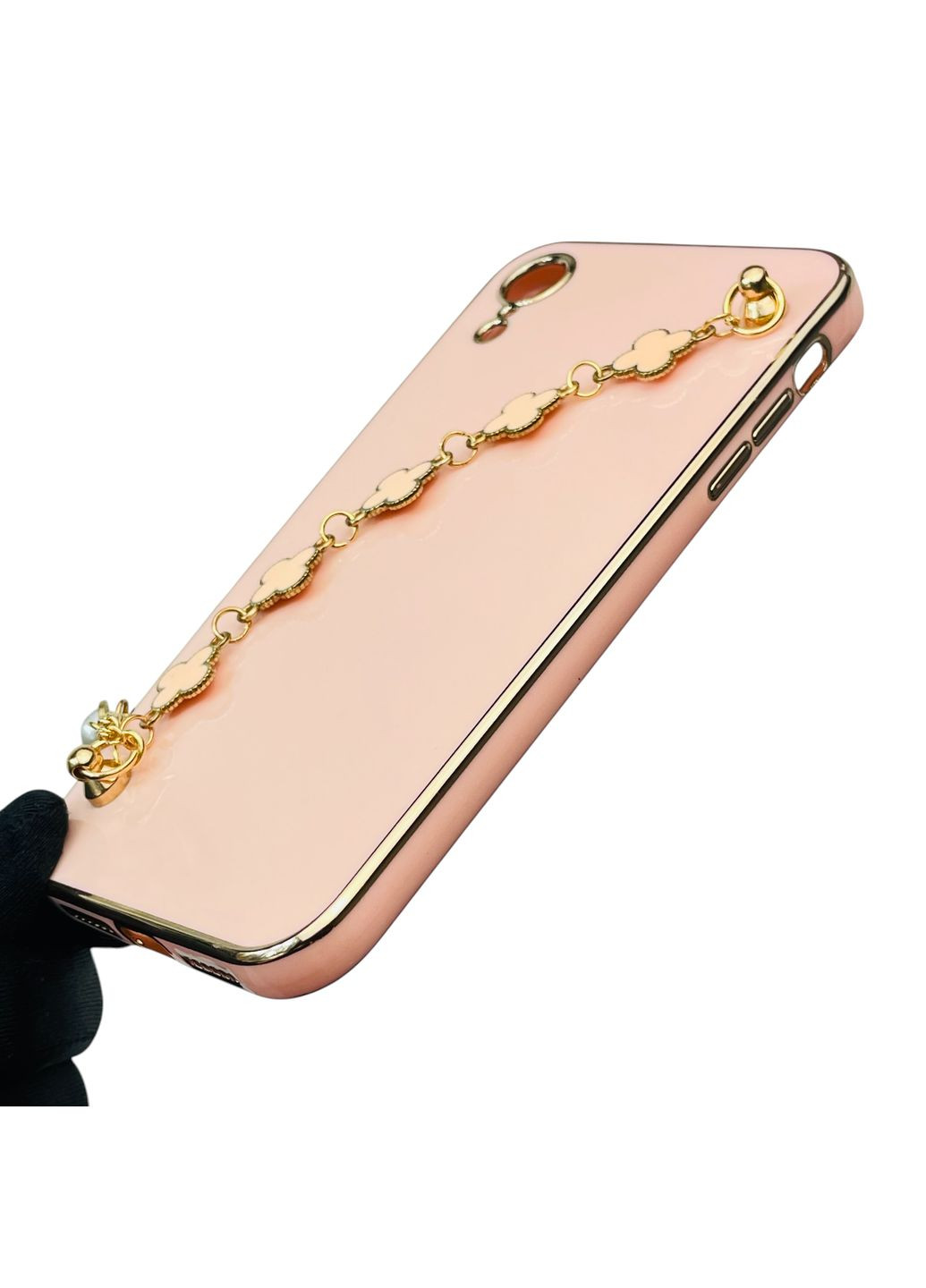 Чехол для телефона iPhone Xr женский с ремешком и украшениями и золотой окантовкой на айфон хр пудровый gs1 Apple (366232664)