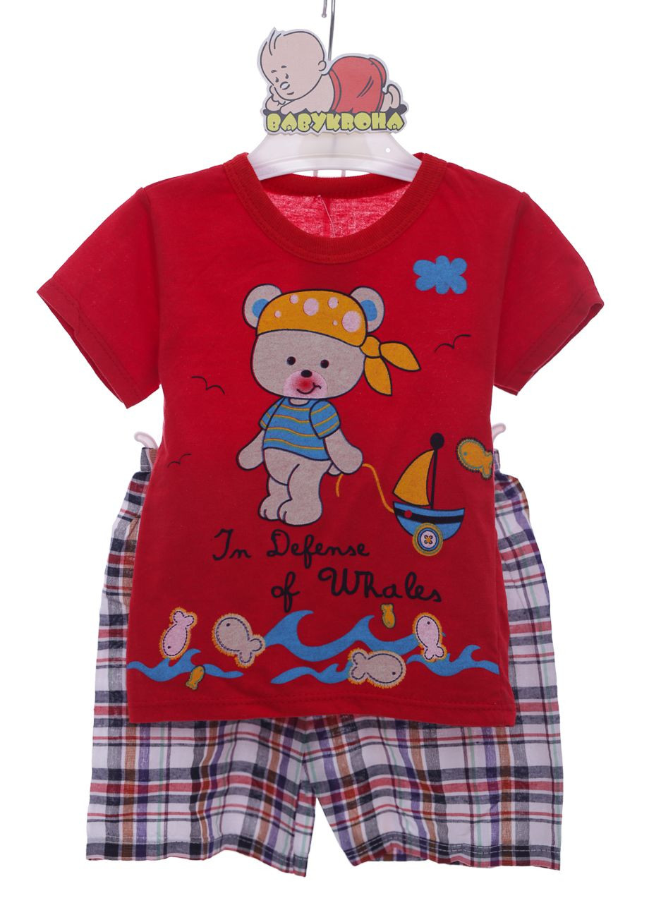 Комбинированный летний шорты с футболкой для мальчика трикотажные мишка красный 74 см (37898) BABYKROHA