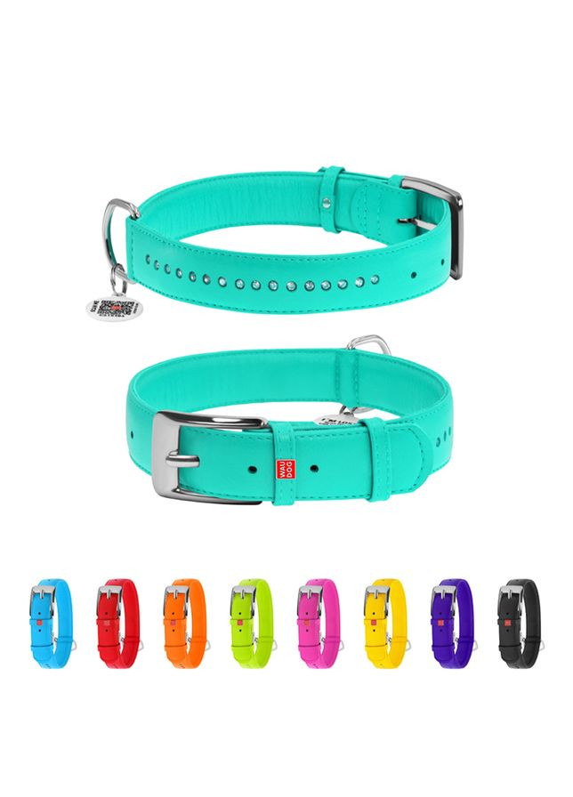 Ошейник для собак кожаный Glamour с QR паспортом, двойной со стразами,, Ш 15 мм, Длин 27-36 см ментоловый WAUDOG (322001538)