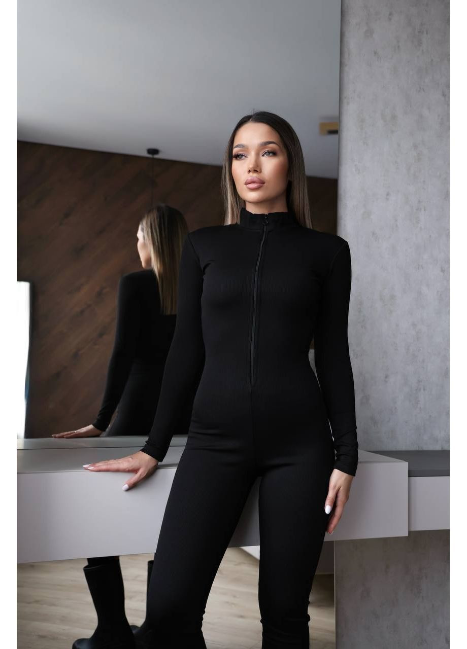 Женский комбинезон рубчик No Brand комбинезон-брюки однотонный чёрный повседневный, кэжуал трикотаж с начесом
