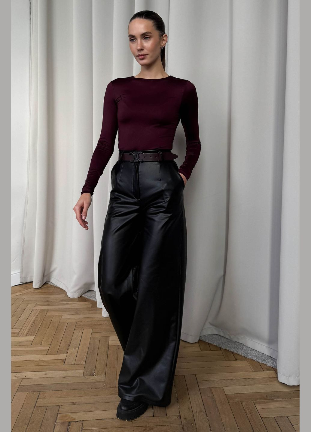 Брюки-палаццо черного цвета из эко-кожи Jadone Fashion (308284266)