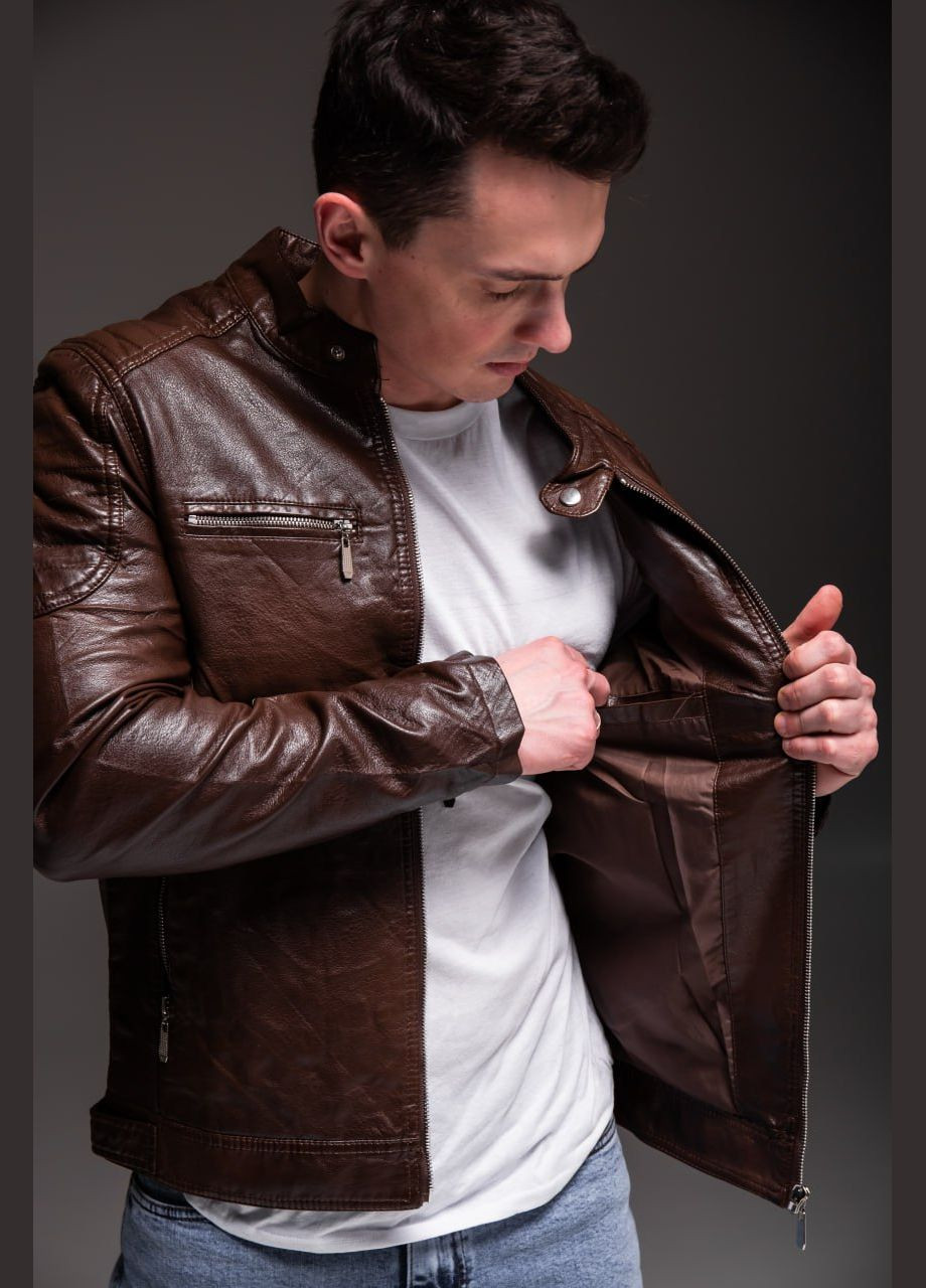 Темно-коричнева демісезонна стильна чоловіча куртка під шкіру Vakko