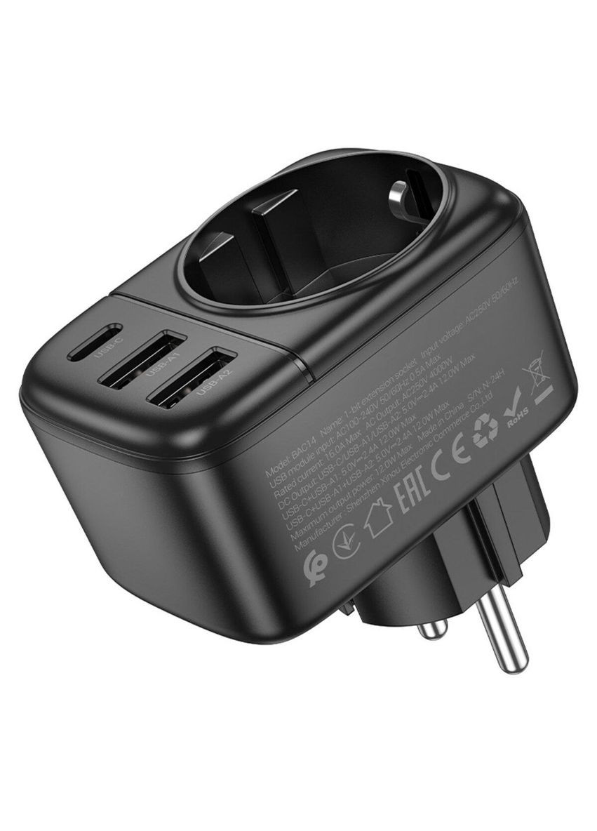 Мережевий фільтр BAC14 Wide 1-socket wall outlet (1C2A) (EU/GER) Black Borofone (335807098)