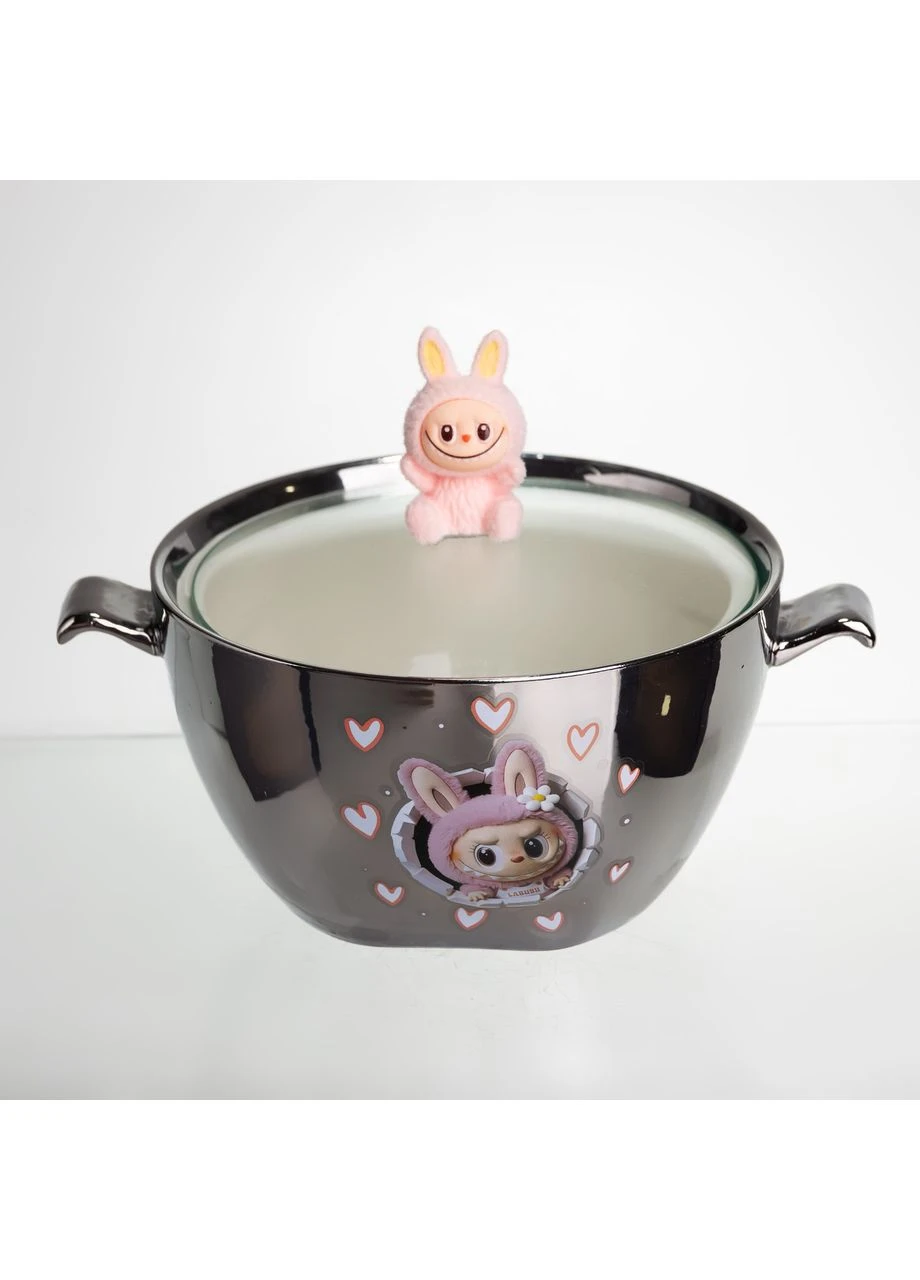 Бульонница фарфоровая Labubu с крышкой и ручками 800 (мл) Ø15 (см) детская тарелка для супа и лапши Серебристый с розовым Yiwu (391445090)