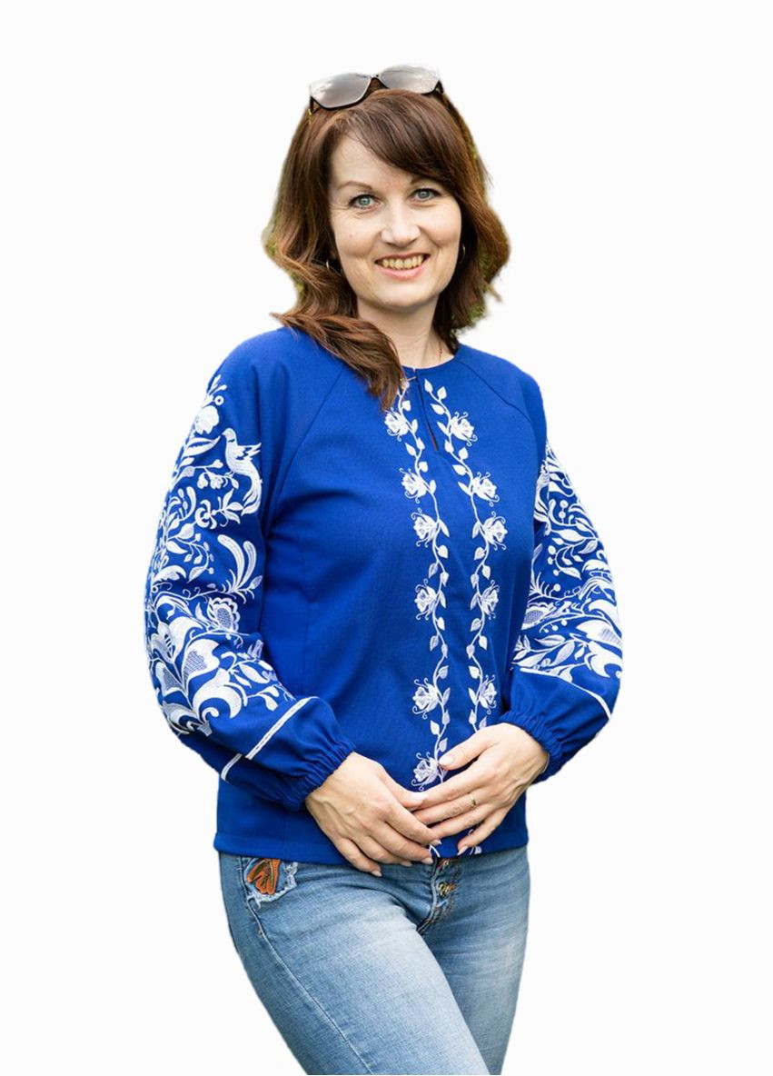 Синя вишиванка жіноча пташки на квітах льон синя Україна льон (314809331)