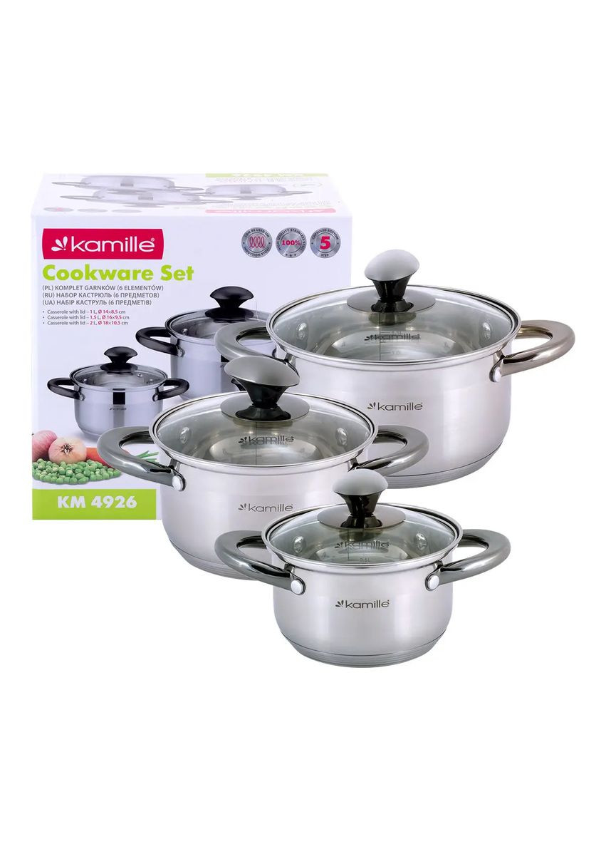Набор кастрюль из нержавеющей стали 6 предметов для индукции и газа (1.0л, 1.5л, 2.0л) KM- hjk Kamille 4926 (360880088)