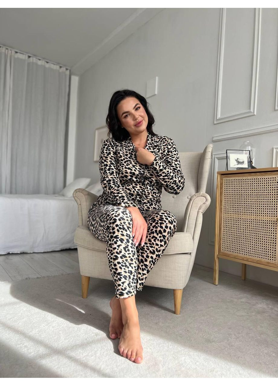 Комбінована жіноча піжама plus size леопардова, сорочка + штани / домашній комплект великих розмірів леопардовий принт / піжама жіноча No Brand