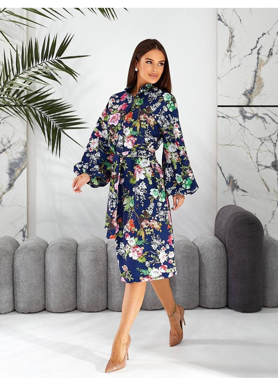 Темно-синя святковий, кежуал, ділова жіноча сукня з квітковим принтом Style Point з квітковим принтом