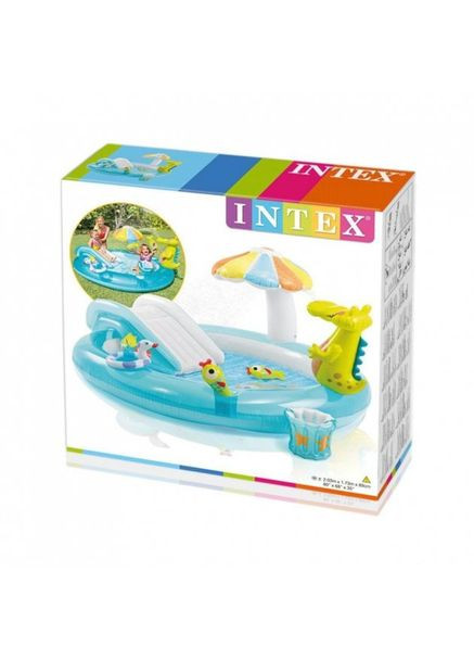 Надувний ігровий центр басейн дитячий від 2 років 57165 Алігатор 201х170х84см 160л з гіркою та фонтаном Блакитний Intex (368831760)