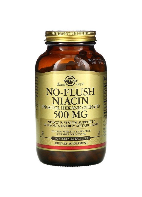 Ниацин, No-Flush Niacin,, не вызывающий покраснений, 500 мг, 250 вегетарианских капсул Solgar (362371643)