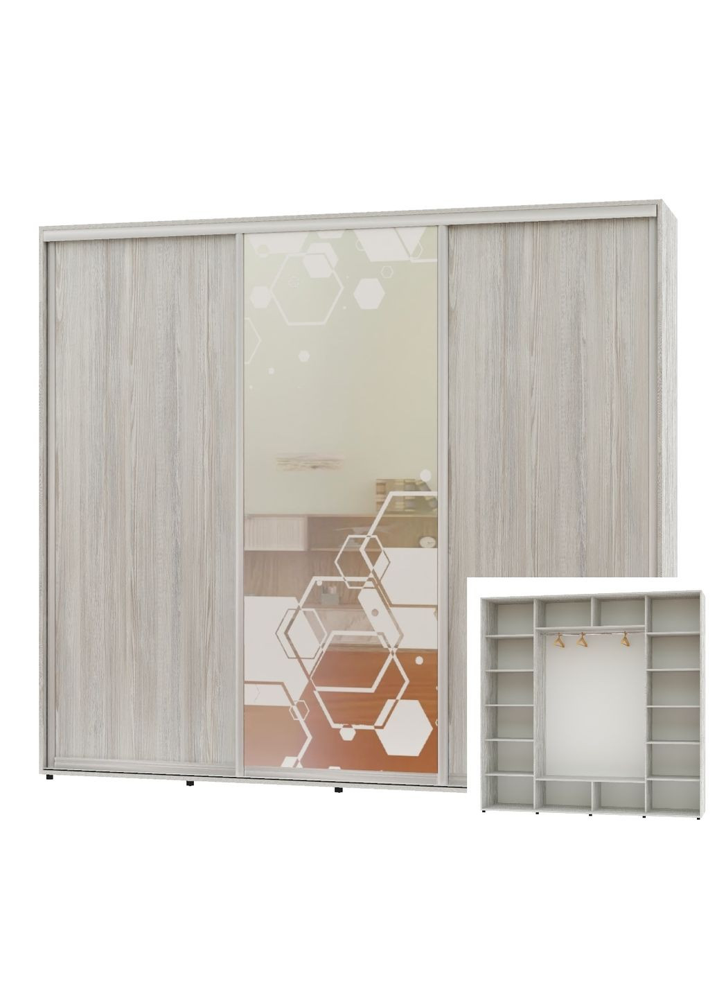 Шафа-купе тридверна 270*60*220 Сосна Натті 2 ДСП/Дзеркало з піскострумним малюнком ШК-05 Алекса (360477866)