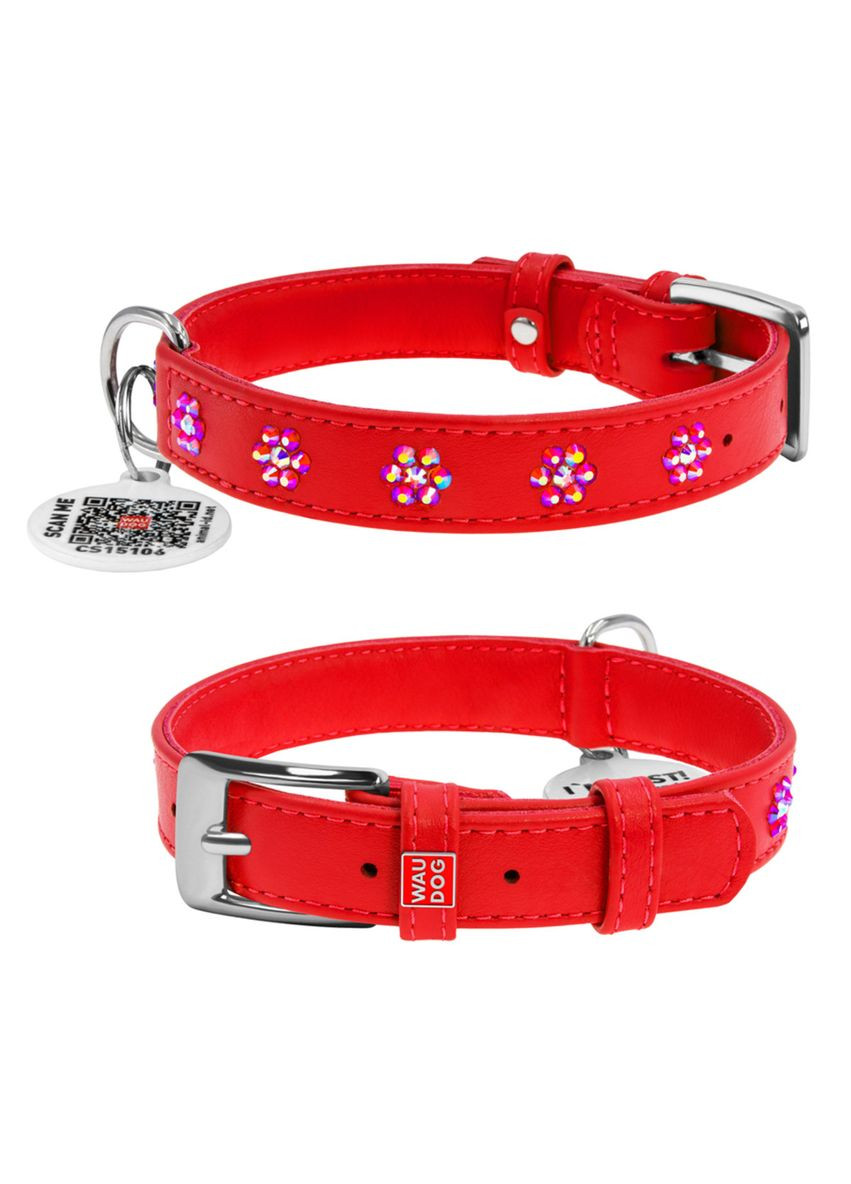Ошейник для собак кожаный Glamour с QR паспортом, с клеевыми стразами "Цветочек", Ш 15 мм, Дл 27-36 см красный WAUDOG (332879742)