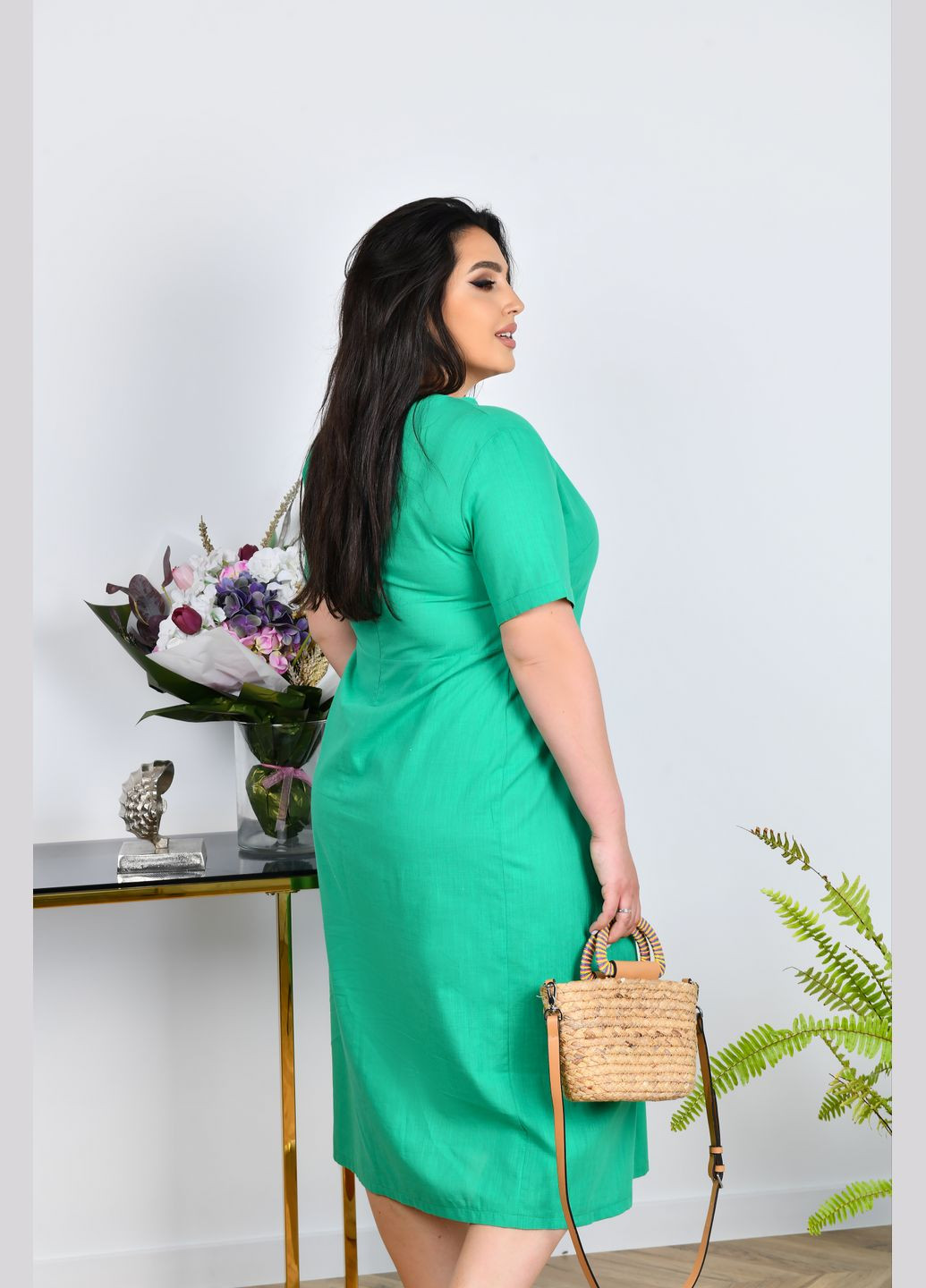 Зелена повсякденний сукня з льону дзвін No Brand однотонна