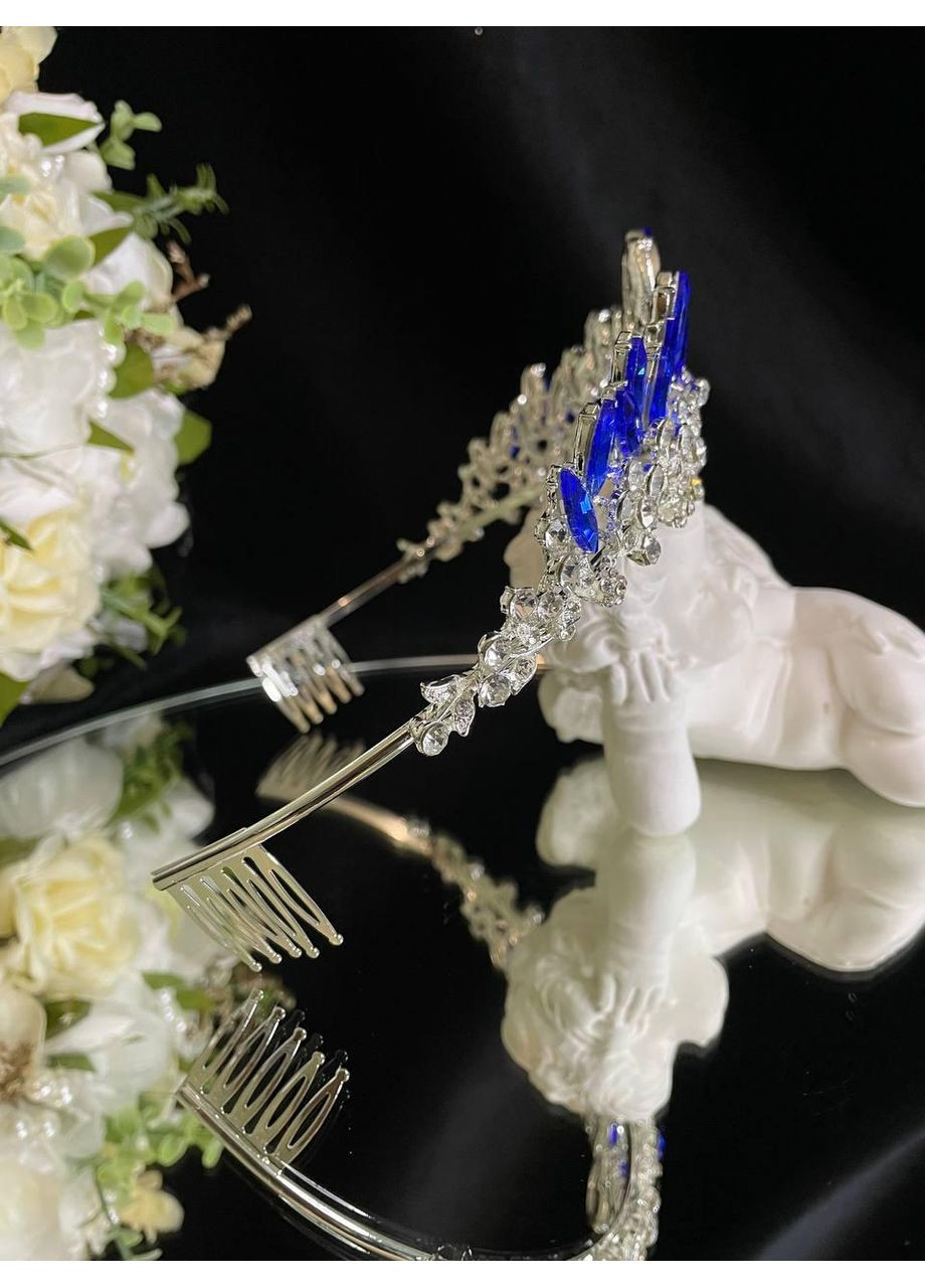 Діадема на голову Срібло з синім камінням 14х5 см Тіара для випускниць Красива корона для весільного образу No Brand (369162777)