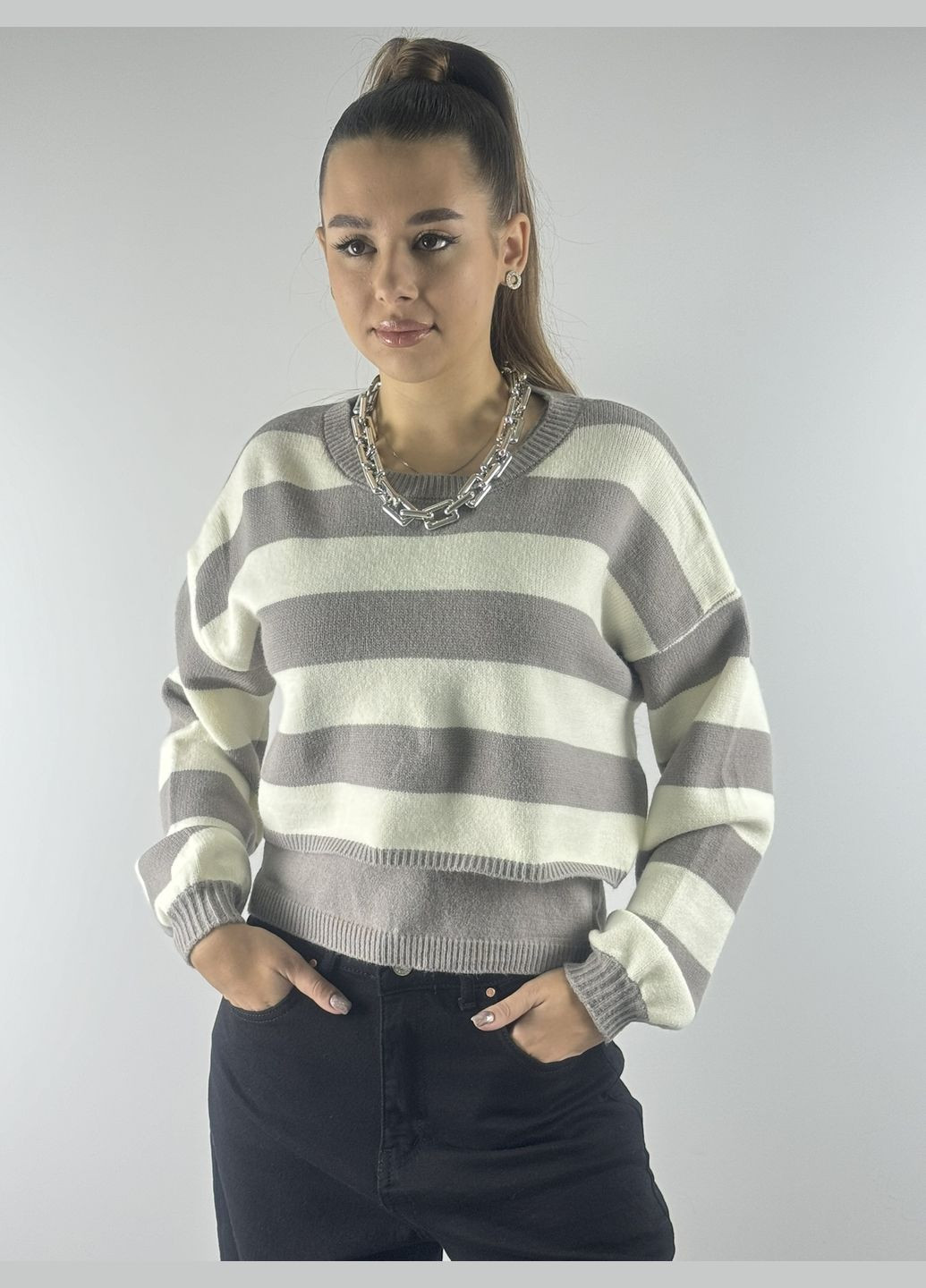 Кофта – комплект женская, вязаная, с майкой, в серую и белую полоску. Теплый и очень мягкий на ощупь Kor@Kor (312537619)