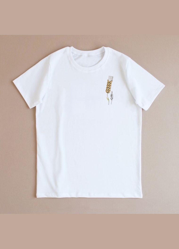 Біла літня футболка дитяча з вишитим колоском пшениці унісекс Ladan