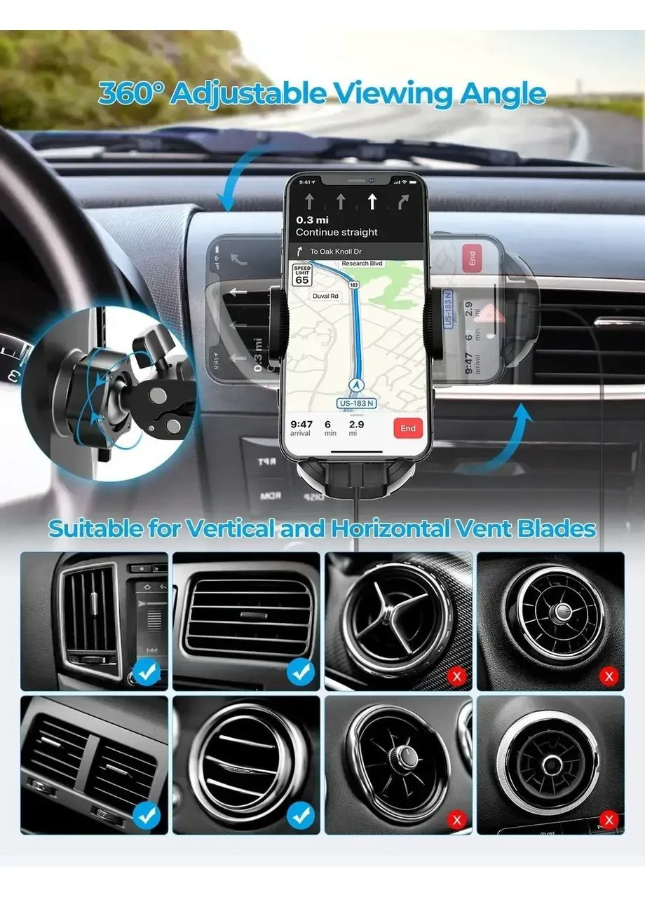 Автомобільний тримач для телефона CA163A на вентиляційний отвір | Регульоване кріплення для смартфона 360° MPOW (365822987)