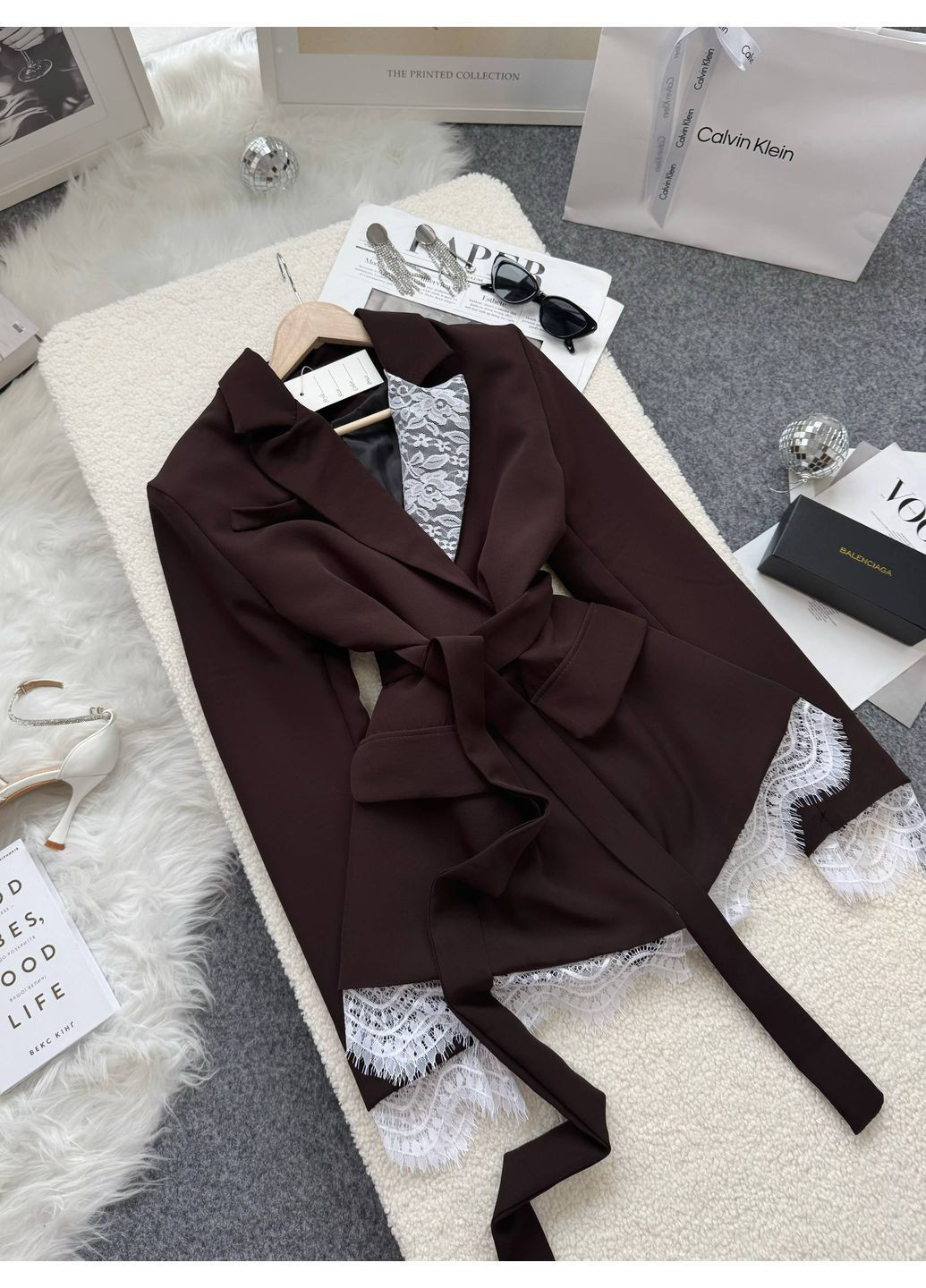 Коричневый женский женский элегантный жакет с кружевными акцентами No Brand - демисезонный