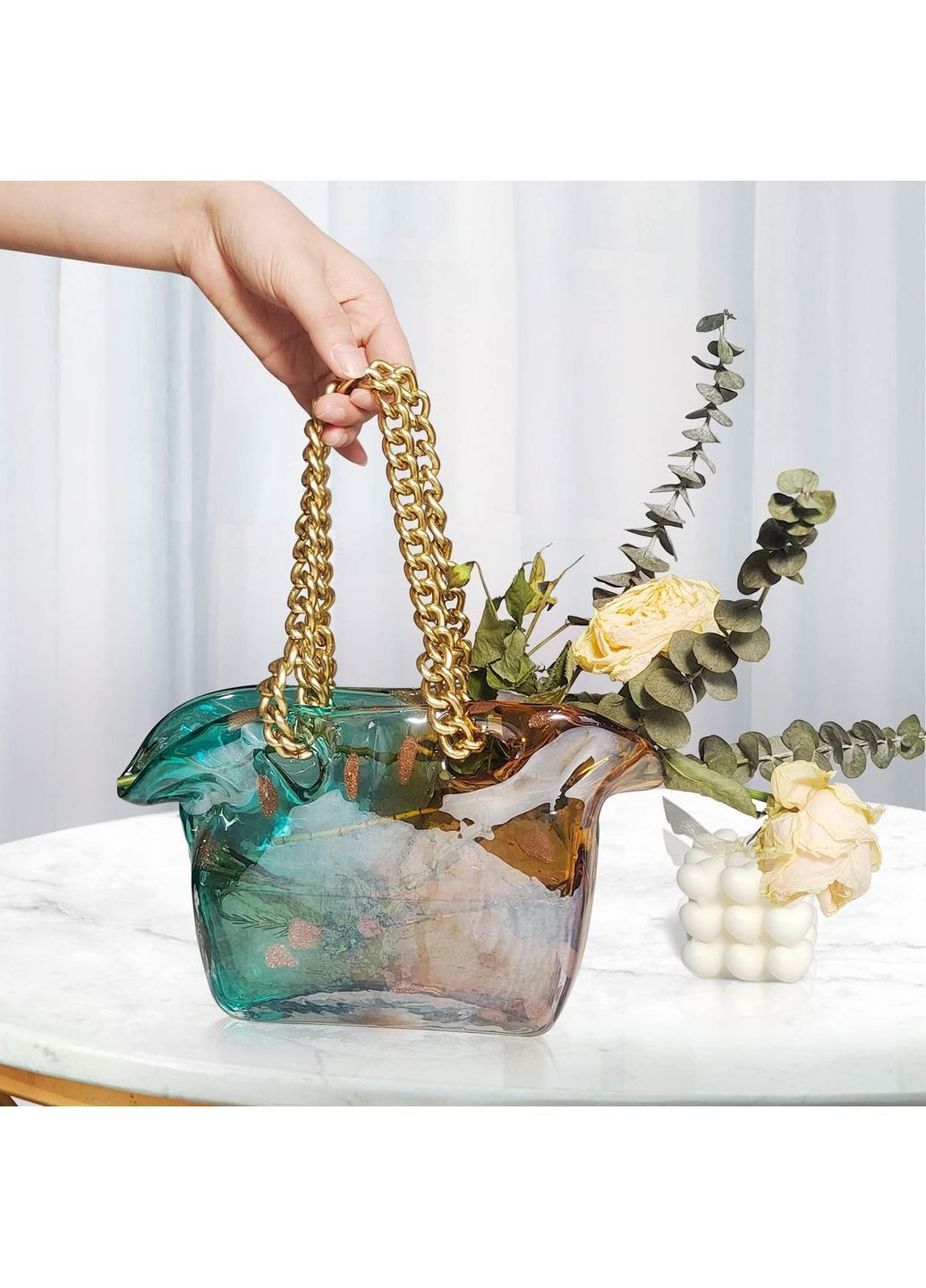 Стеклянная ваза Luxora Bag в форме сумки с ручкой-цепочкой для цветов и декора, 22×9×14 см More (369157006)