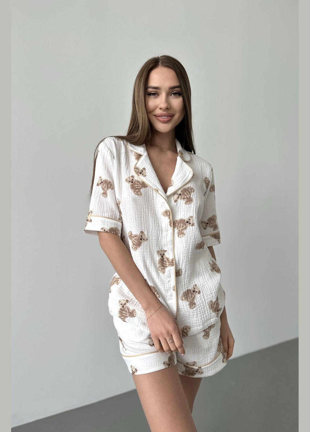 Белая всесезон пижамный муслиновый комплект рубашки и шорты, принт мишки рубашка + шорты German Volf