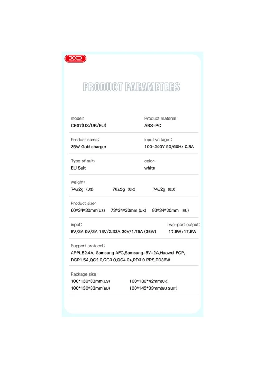 Сетевое зарядное устройство CE07 GaN Dual PD 35W GaN белый XO (397341716)